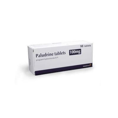 Paludrine (proguanil) 100mg antimalarial tablets pack for UK travellers; malaria prevention with dosing guidance and safety checks