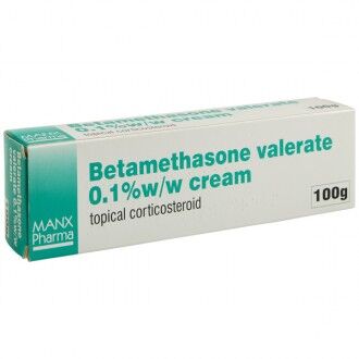 Betamethasone valerate 0.1% cream 100g box packaging – topical corticosteroid treatment for eczema, dermatitis, and psoriasis relief.