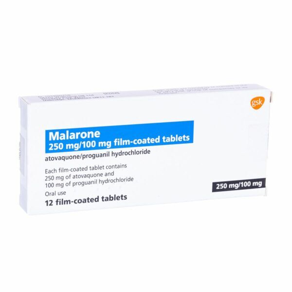 Malarone 250 mg / 100 mg Tablets pack – antimalarial for malaria prevention and treatment against Plasmodium falciparum